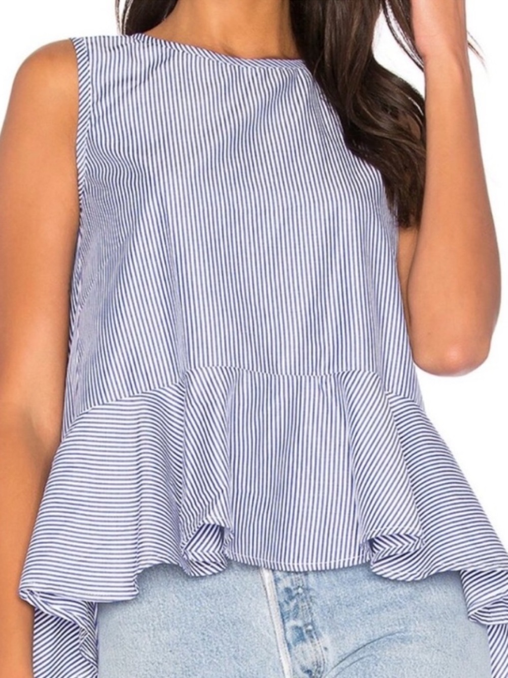 English Factory Blue and White Striped Peplum Ruffle Sleeveless Top S